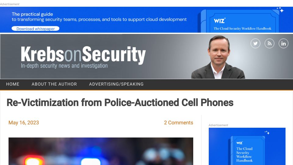 Screenshot of krebsonsecurity.com: Re-Victimization from Police-Auctioned Cell Phones