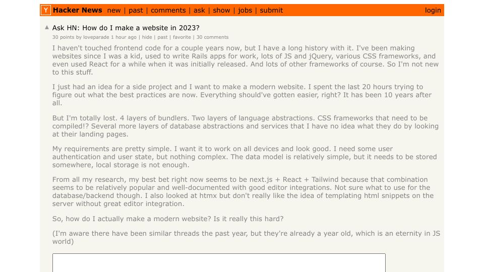 Screenshot of Hacker News post: Ask HN: How do I make a website in 2023?