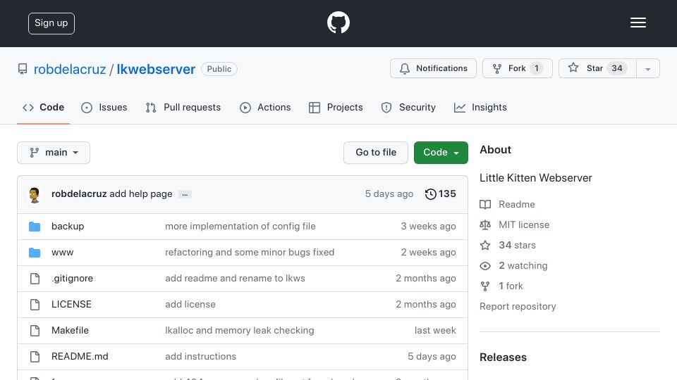 Screenshot of github.com: Show HN: A little web server in C