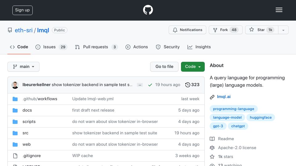Screenshot of github.com: LMQL: A query language for programming (large) language models