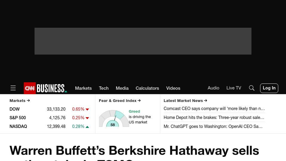 Screenshot of cnn.com: Berkshire Hathaway sells entire stake in TSMC