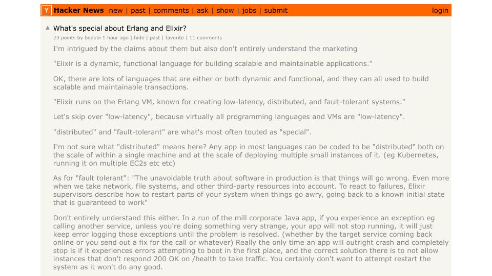 Screenshot of Hacker News post: What's special about Erlang and Elixir?