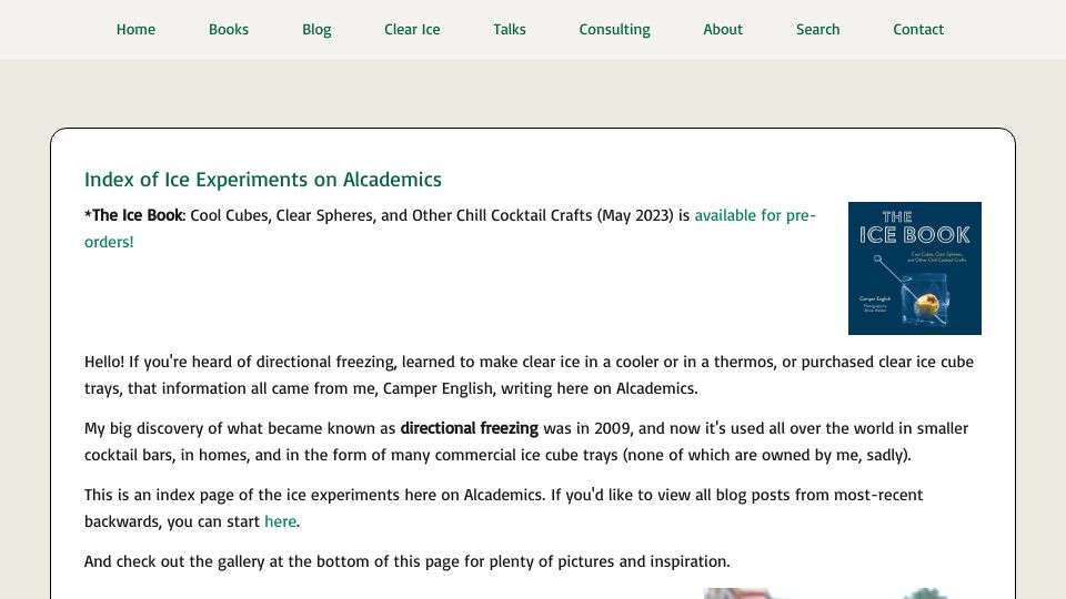 Screenshot of alcademics.com: Experiments in Making Cocktail Ice
