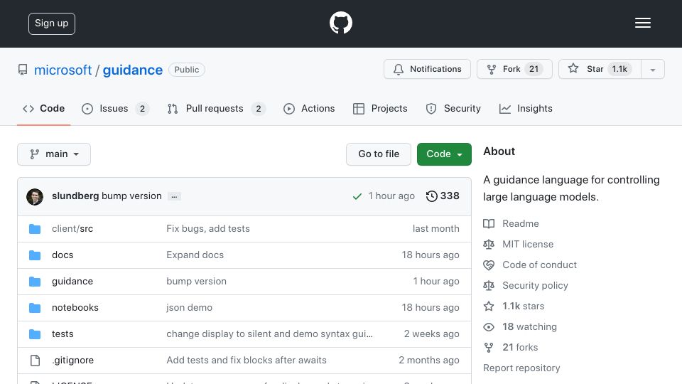 Screenshot of github.com: A guidance language for controlling LLMs