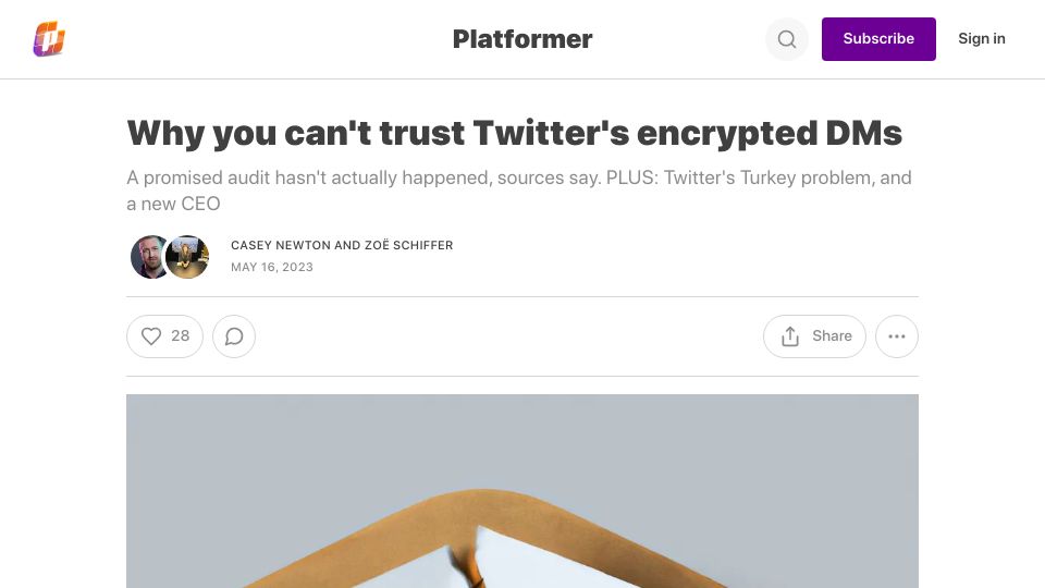 Screenshot of platformer.news: Twitter’s DM encryption is a modest security improvement over the status quo