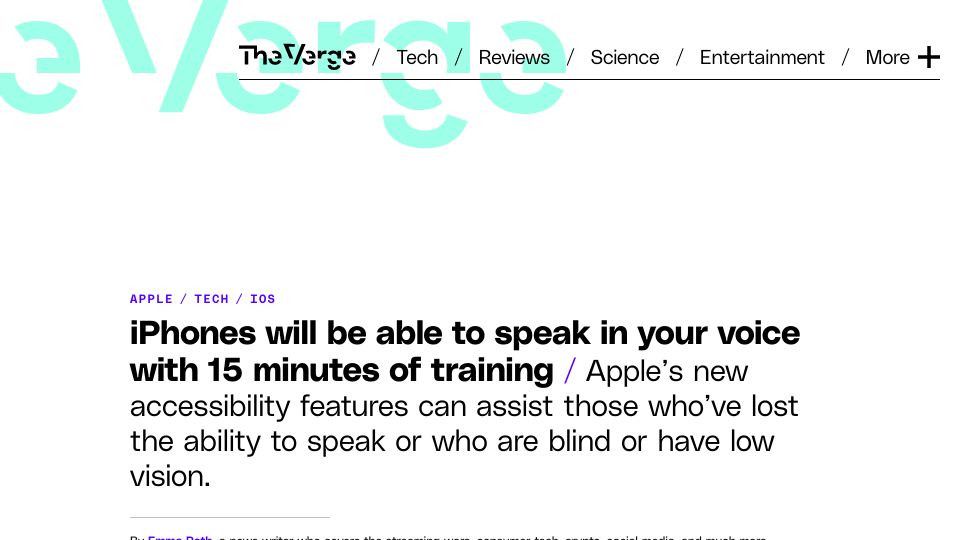 Screenshot of theverge.com: iPhones will be able to speak in your voice with 15 minutes of training