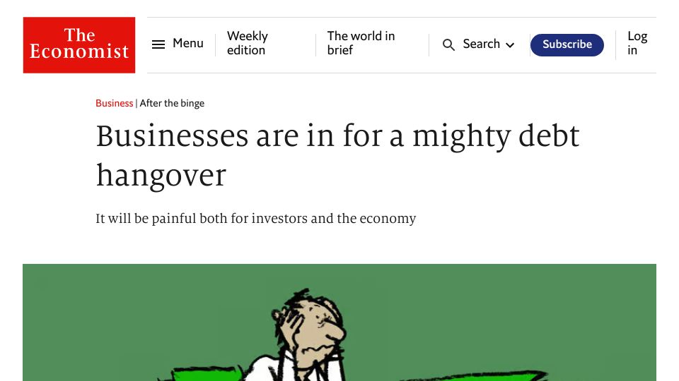 Screenshot of economist.com: Businesses are in for a mighty debt hangover