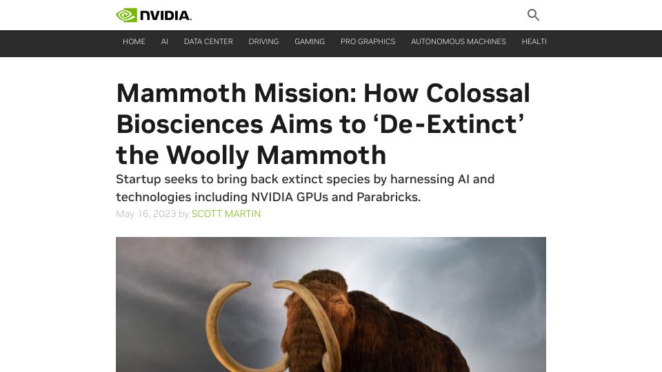 Screenshot of blogs.nvidia.com: Colossal Biosciences Aims to ‘De-Extinct’ the Woolly Mammoth