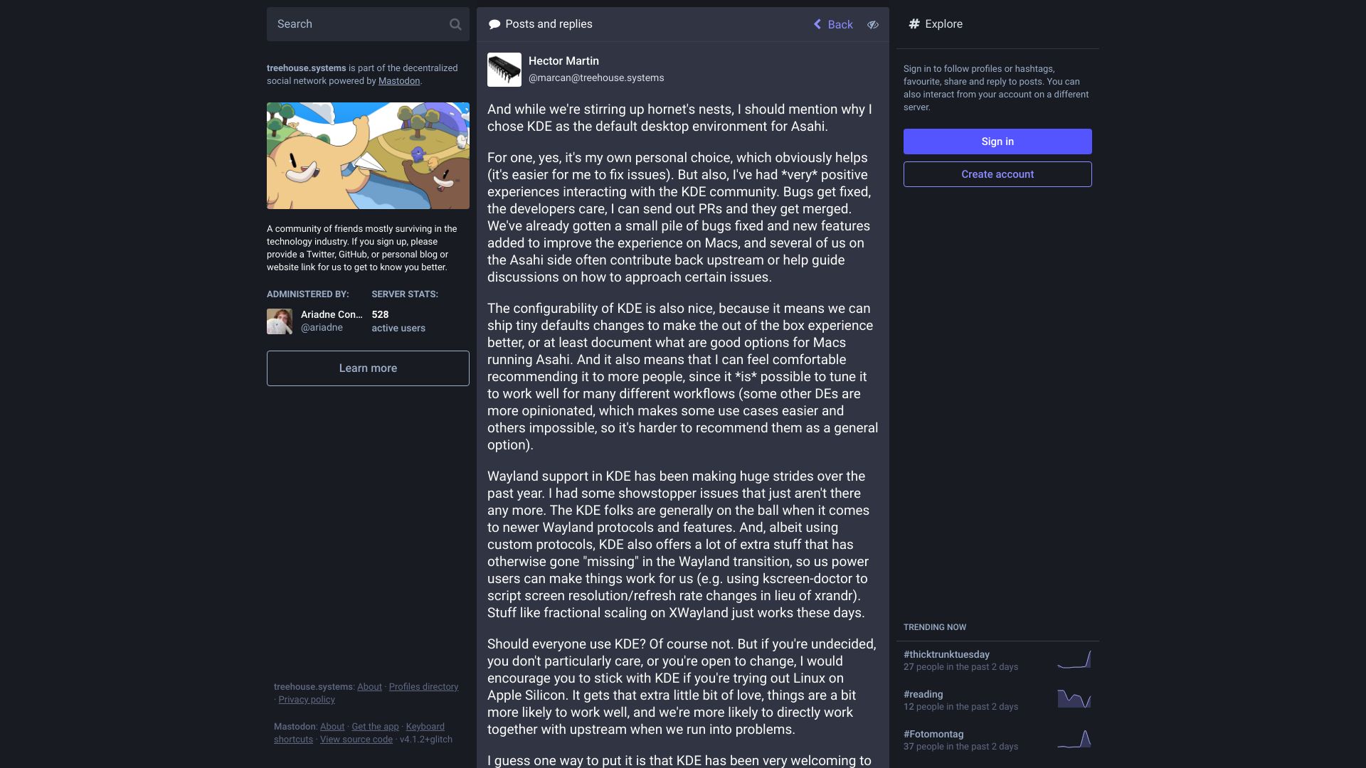 Screenshot of social.treehouse.systems: Why KDE Plasma was chosen as the default desktop environment for Asahi Linux