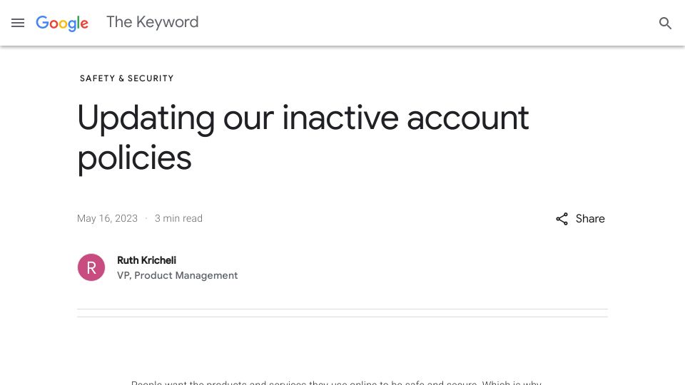 Screenshot of blog.google: Updating our inactive account policies