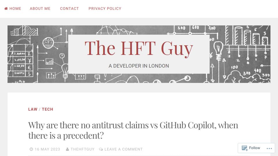 Screenshot of thehftguy.com: Why are there no antitrust claims vs. GitHub Copilot, when there is a precedent?