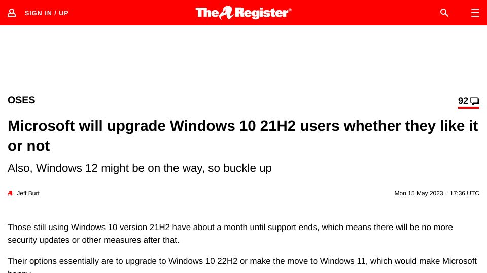 Screenshot of theregister.com: Microsoft will upgrade Windows 10 21H2 users whether they like it or not