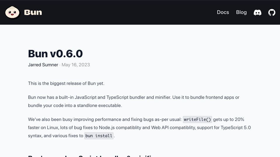 Screenshot of bun.sh: Bun 0.6