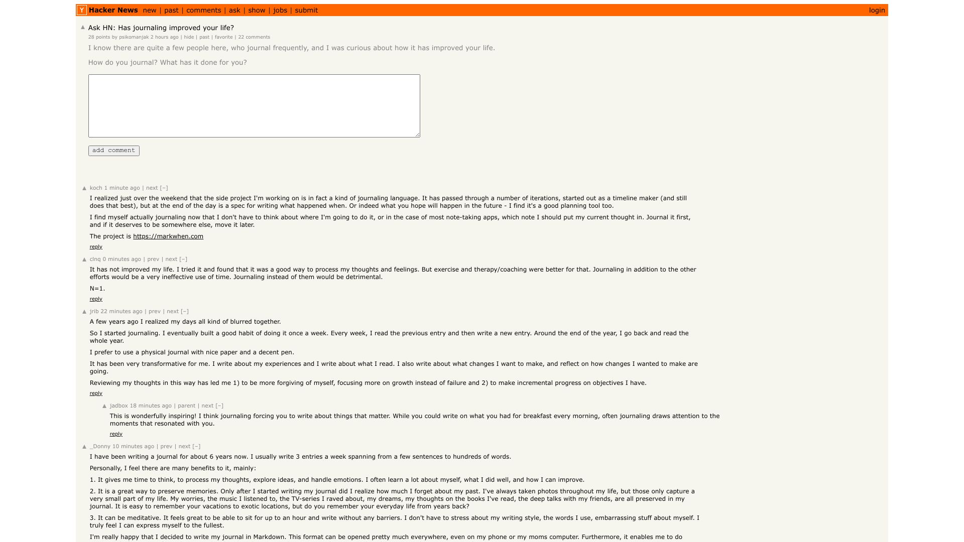 Screenshot of this Hacker News post: Ask HN: Has journaling improved your life?