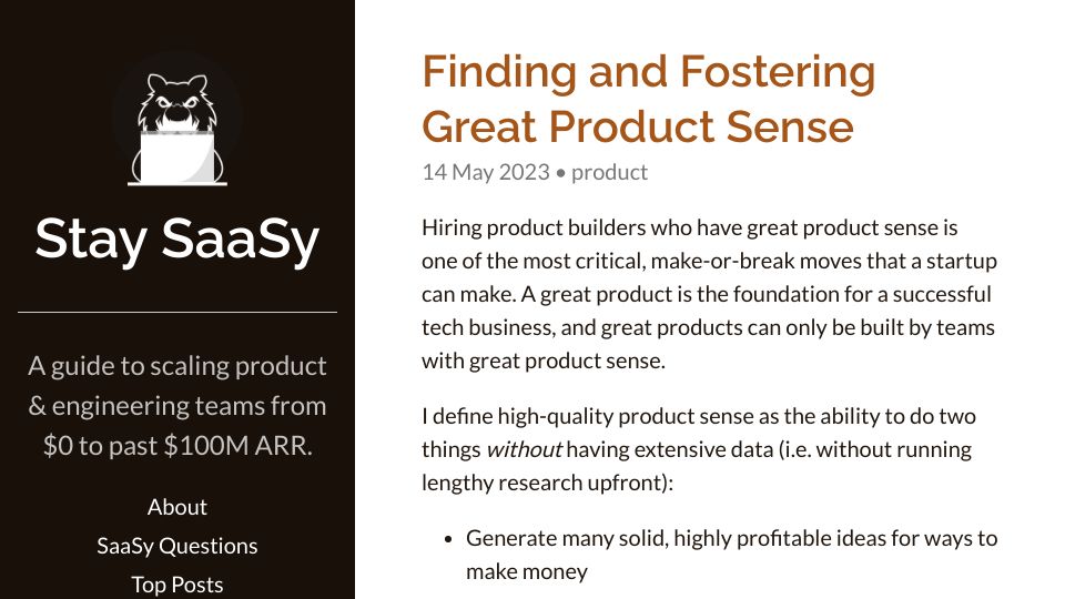 Screenshot of staysaasy.com: Finding and Fostering Great Product Sense