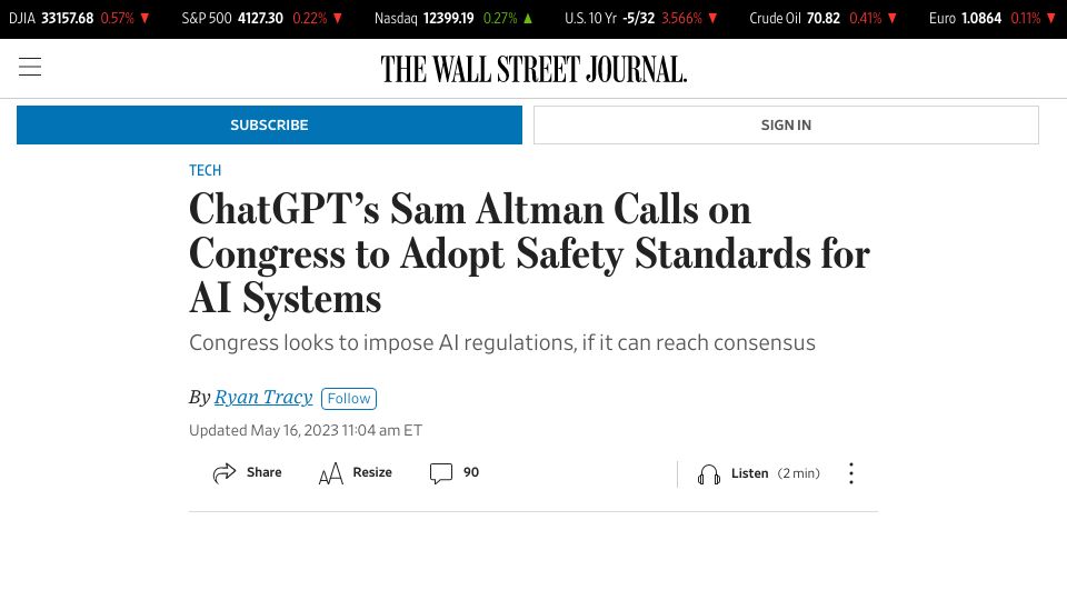 Screenshot of wsj.com: ChatGPT’s Sam Altman Calls on Congress to Adopt Safety Standards for AI Systems
