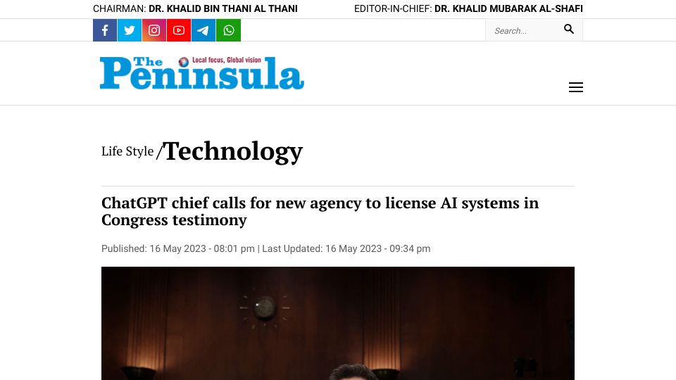 Screenshot of thepeninsulaqatar.com: ChatGPT chief calls for new agency to license AI systems in Congress testimony