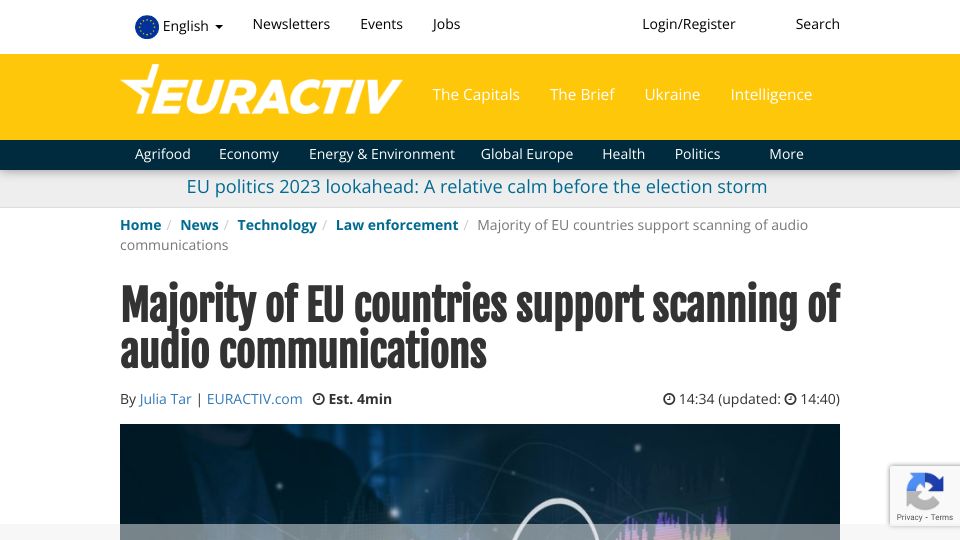 Screenshot of euractiv.com: Majority of EU countries support scanning of audio communications
