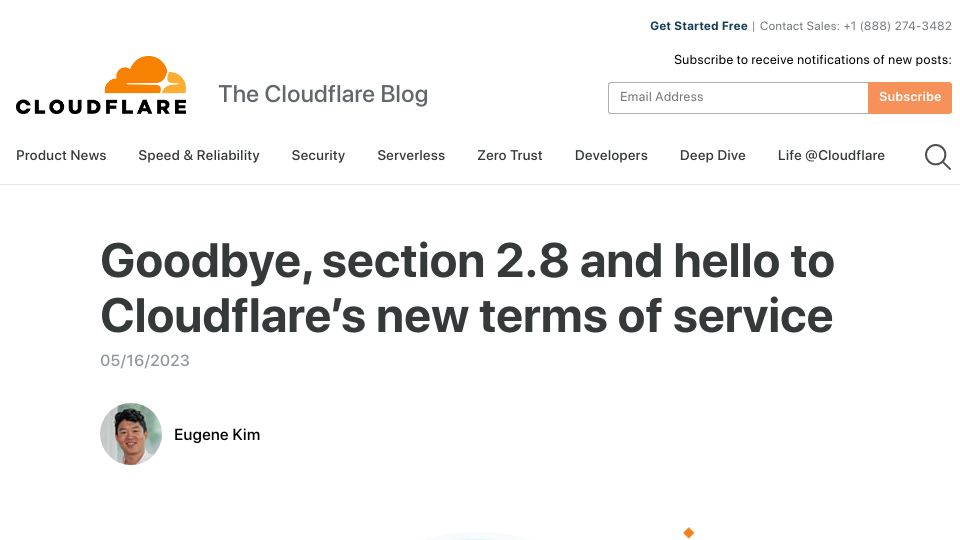 Screenshot of blog.cloudflare.com: Goodbye, section 2.8 and hello to Cloudflare’s new terms of service
