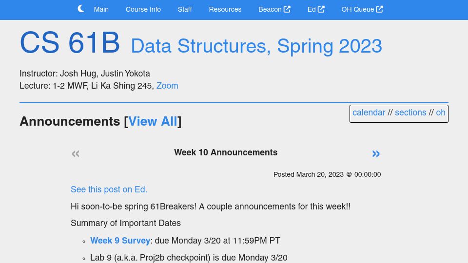 Screenshot of sp23.datastructur.es: CS 61B Data Structures, Spring 2023 UC Berkeley
