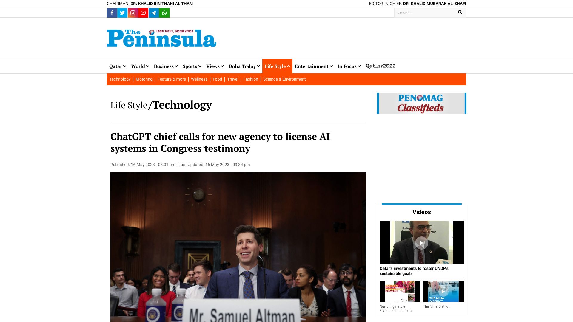 Screenshot of thepeninsulaqatar.com: ChatGPT chief calls for new agency to license AI systems in Congress testimony