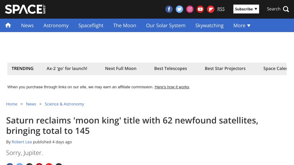 Screenshot of space.com: Saturn reclaims 'moon king' title from Jupiter with 62 newfound satellites