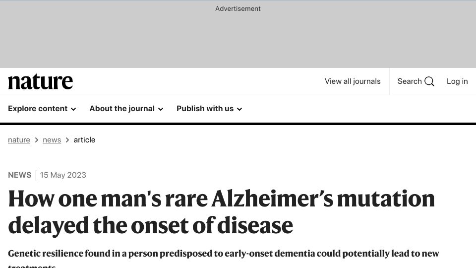Screenshot of nature.com: One man's rare Alzheimer’s mutation delayed its onset
