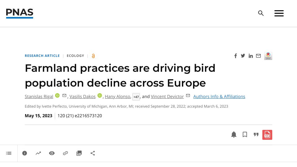 Screenshot of pnas.org: Farmland practices are driving bird population decline across Europe