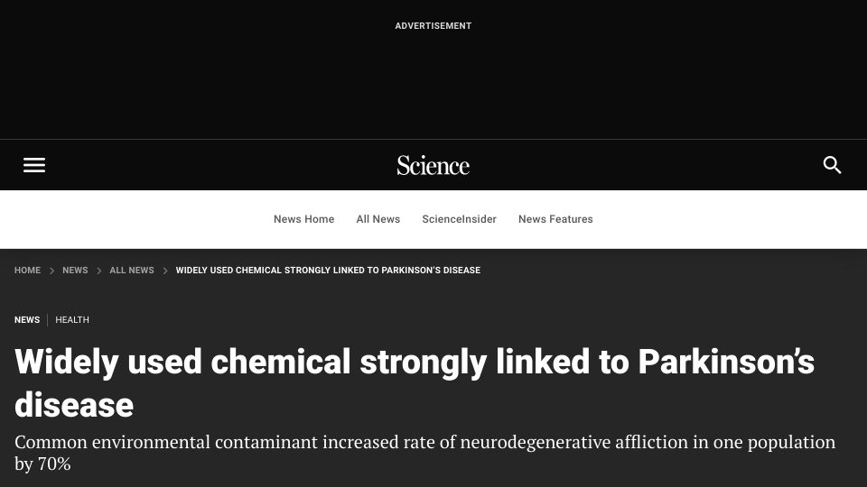 Screenshot of science.org: Widely used chemical strongly linked to Parkinson’s disease