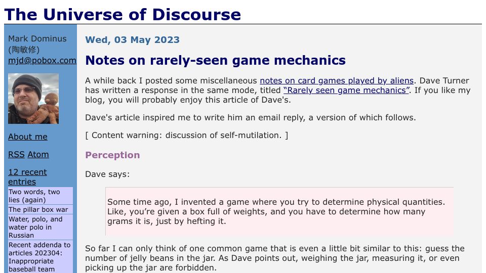 Screenshot of blog.plover.com: Notes on rarely-seen game mechanics