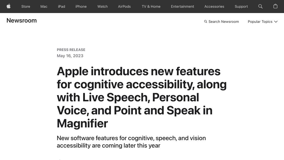 Screenshot of apple.com: Apple previews Live Speech, Personal Voice, and more new accessibility features