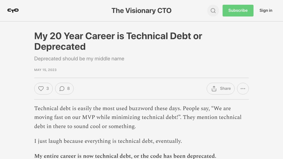 Screenshot of blog.visionarycto.com: My 20 year career is technical debt or deprecated