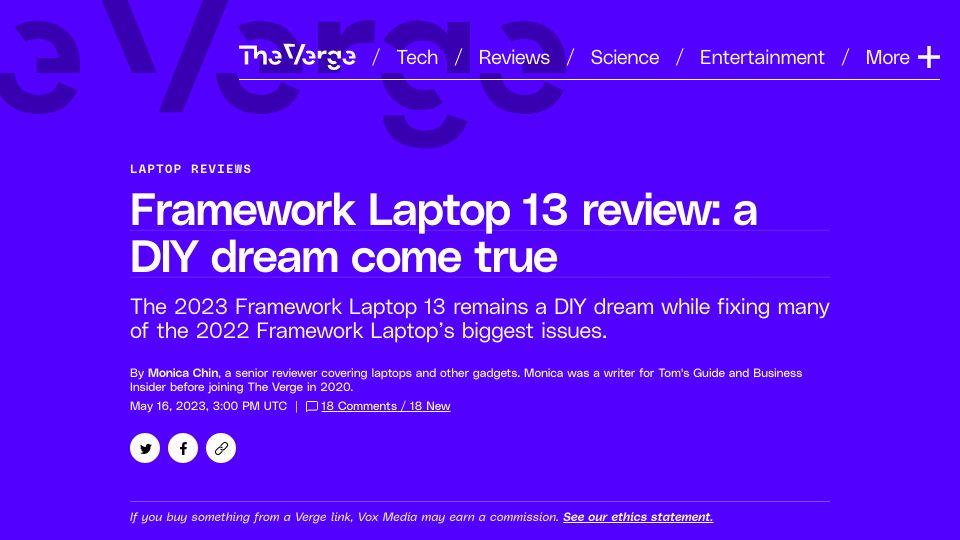 Screenshot of theverge.com: Framework Laptop 13 review: a DIY dream come true