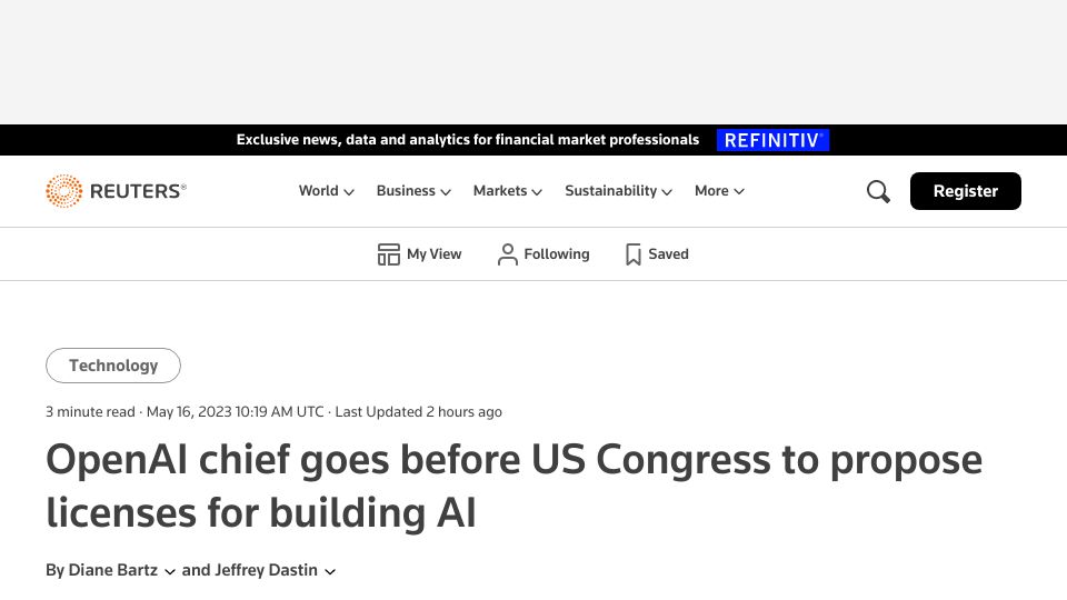 Screenshot of reuters.com: Sam Altman goes before US Congress to propose licenses for building AI