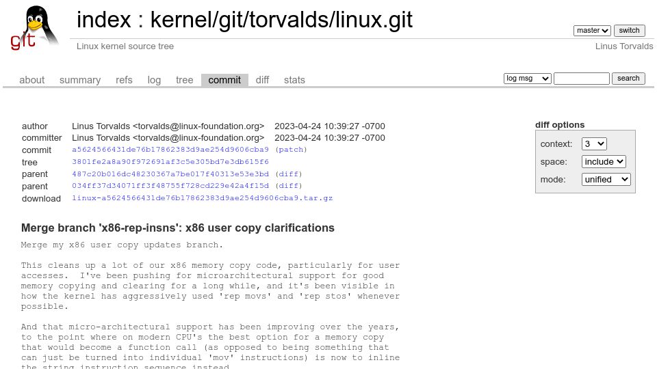 Screenshot of git.kernel.org: Merge branch 'x86-rep-insns': x86 user copy clarifications