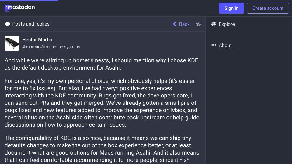 Screenshot of social.treehouse.systems: Why KDE Plasma was chosen as the default desktop environment for Asahi Linux