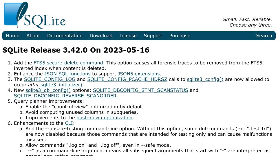 Screenshot of sqlite.org: SQLite 3.42.0