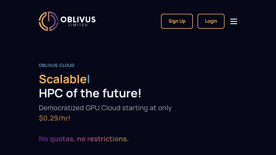 Screenshot of oblivus.com: Show HN: Oblivus GPU Cloud – Affordable and scalable GPU servers from $0.29/hr