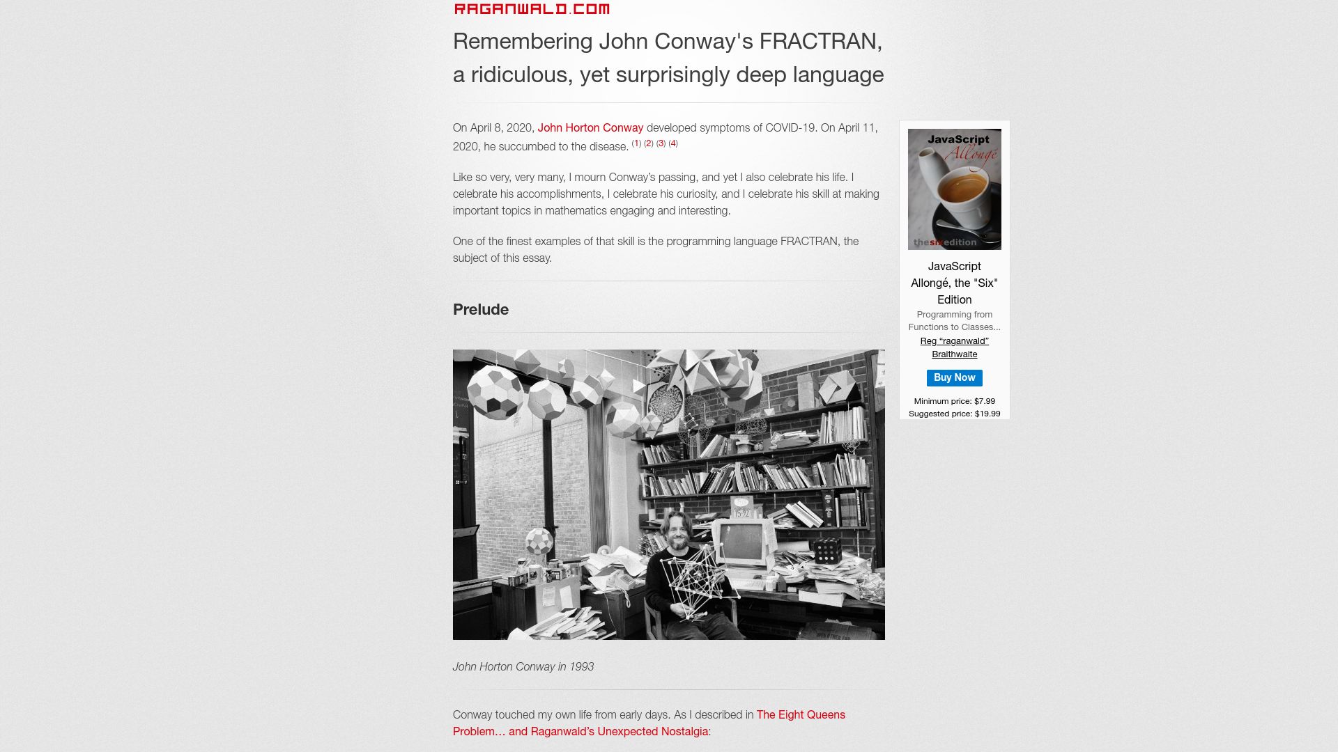 Screenshot of raganwald.com: John Conway's FRACTRAN, a ridiculous, yet surprisingly deep language (2020)