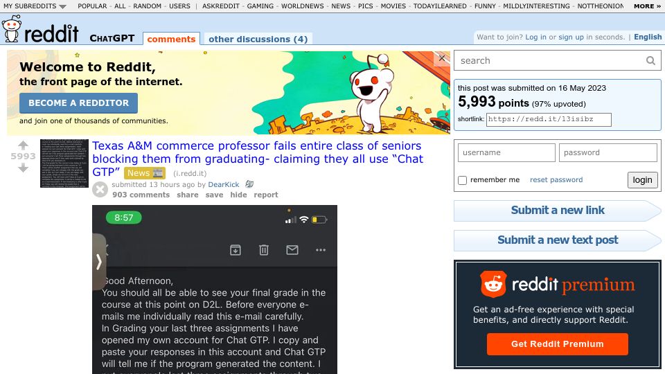 Screenshot of old.reddit.com: Texas professor fails entire class from graduating- claiming they used ChatGTP