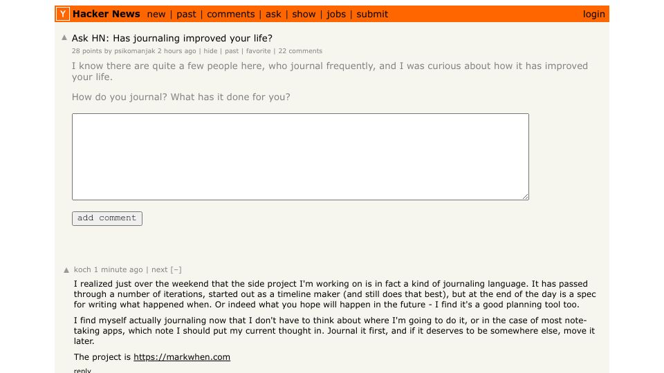 Screenshot of Hacker News post: Ask HN: Has journaling improved your life?