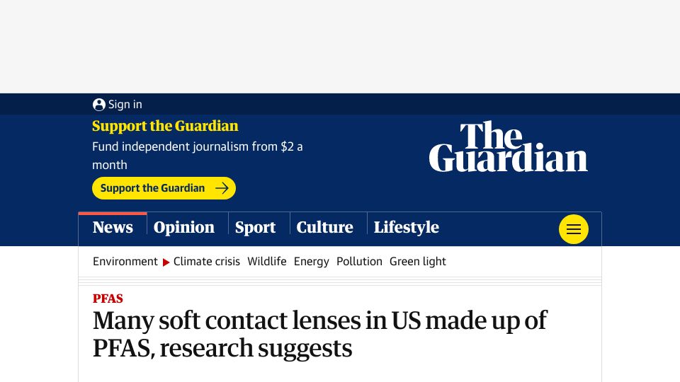 Screenshot of theguardian.com: Many soft contact lenses in US made up of PFAS, research suggests