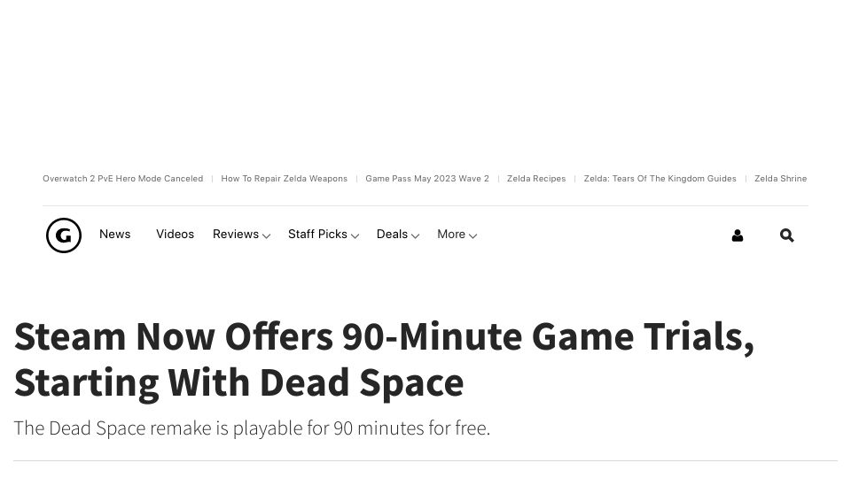 Screenshot of gamespot.com: Steam Now Offers 90-Minute Game Trials, Starting with Dead Space