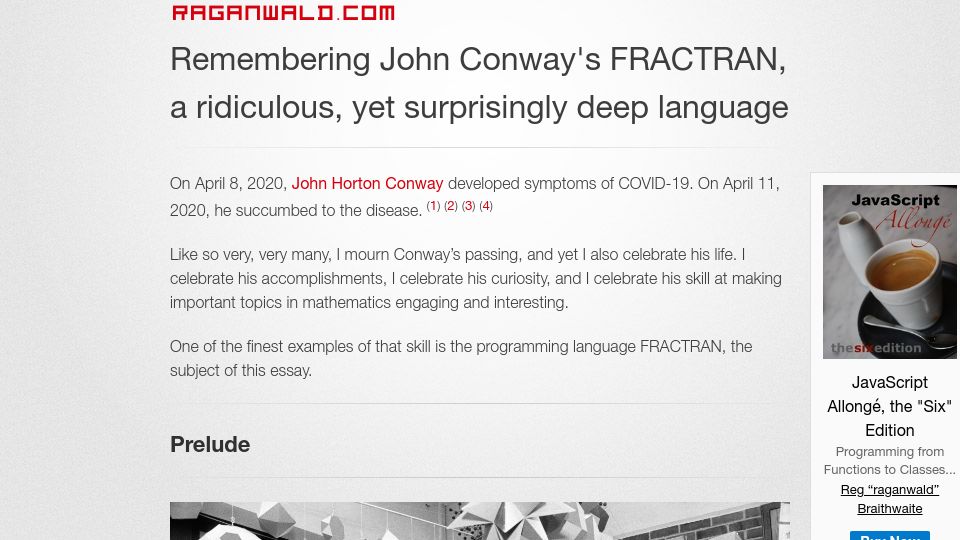 Screenshot of raganwald.com: John Conway's FRACTRAN, a ridiculous, yet surprisingly deep language (2020)