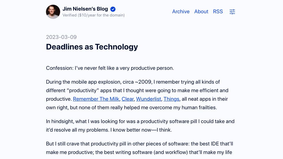 Screenshot of blog.jim-nielsen.com: Deadlines as Technology
