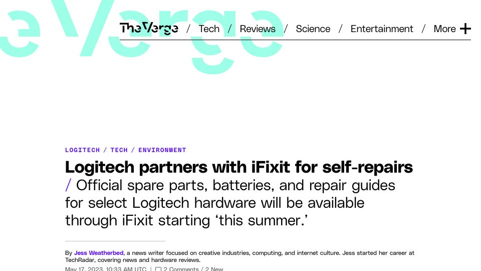 Screenshot of theverge.com: Logitech Partners with iFixit for Self-Repairs