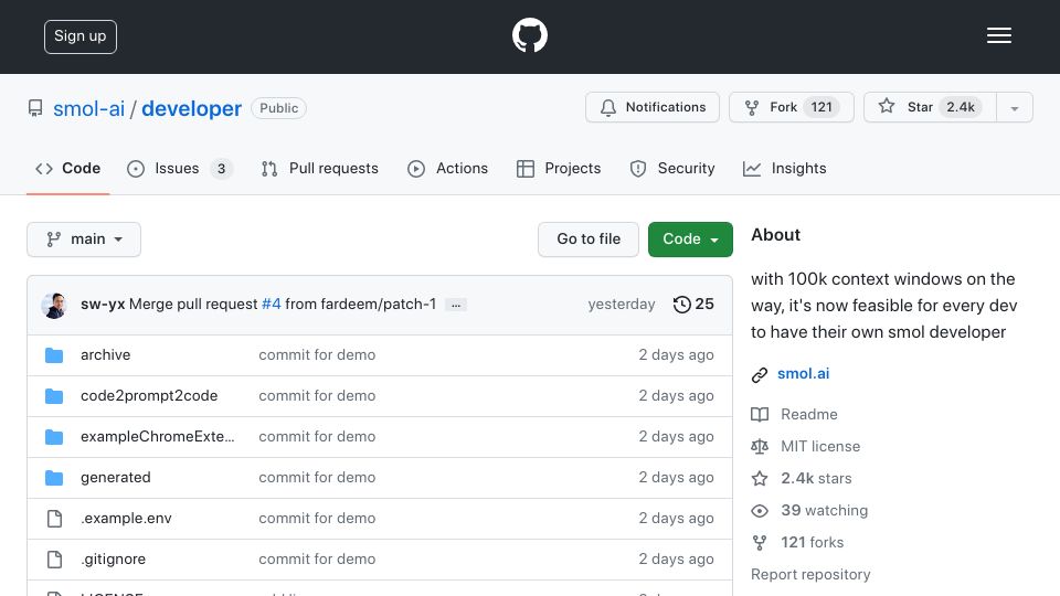 Screenshot of github.com: Smol Developer