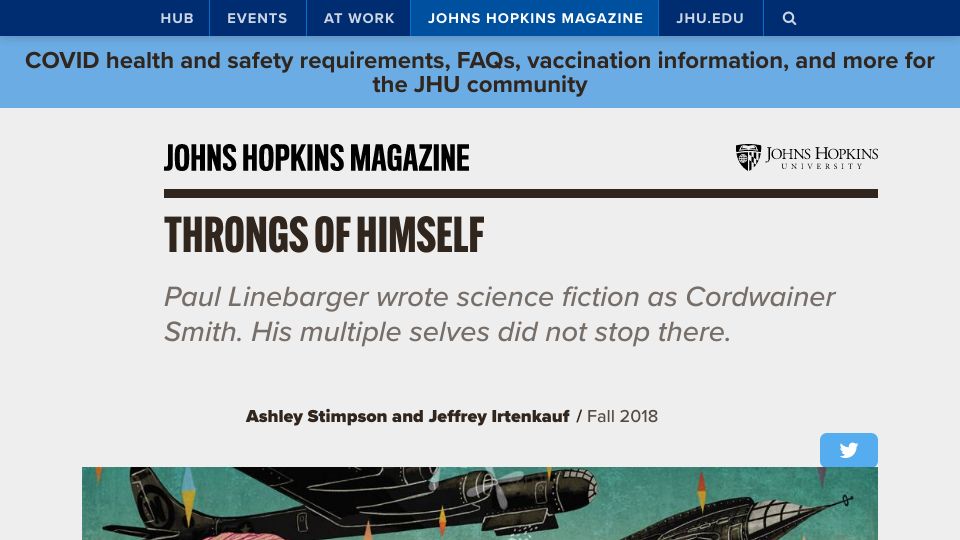 Screenshot of hub.jhu.edu: Paul Linebarger wrote science fiction as Cordwainer Smith (2018)