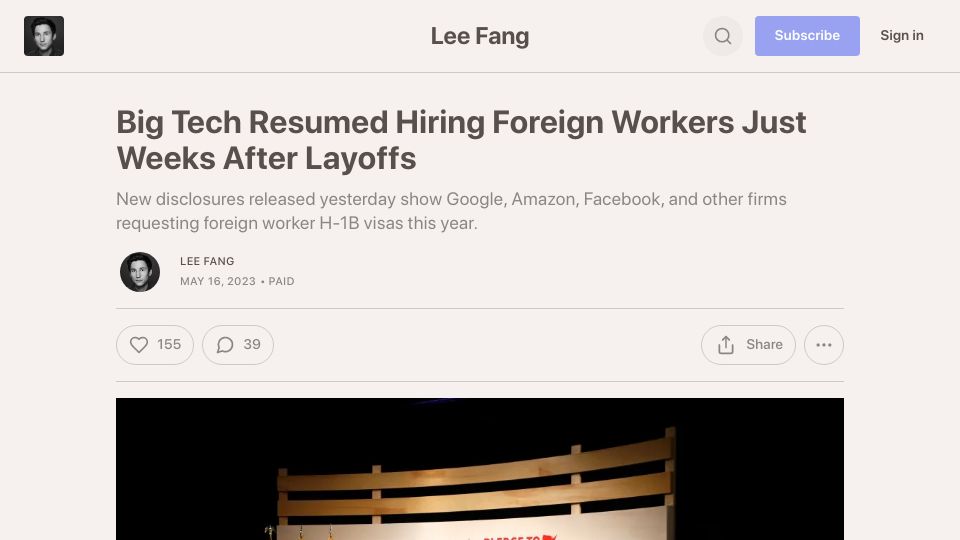 Screenshot of leefang.com: Big Tech Resumed Hiring Foreign Workers Just Weeks After Layoffs