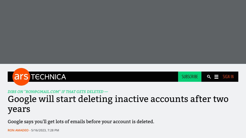 Screenshot of arstechnica.com: Google will start deleting inactive accounts after two years